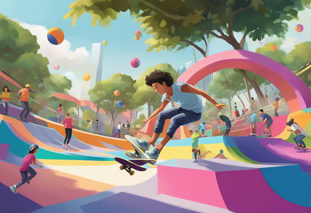 People skate, jump, and play in Superpark Singapore, surrounded by colorful obstacles and vibrant murals