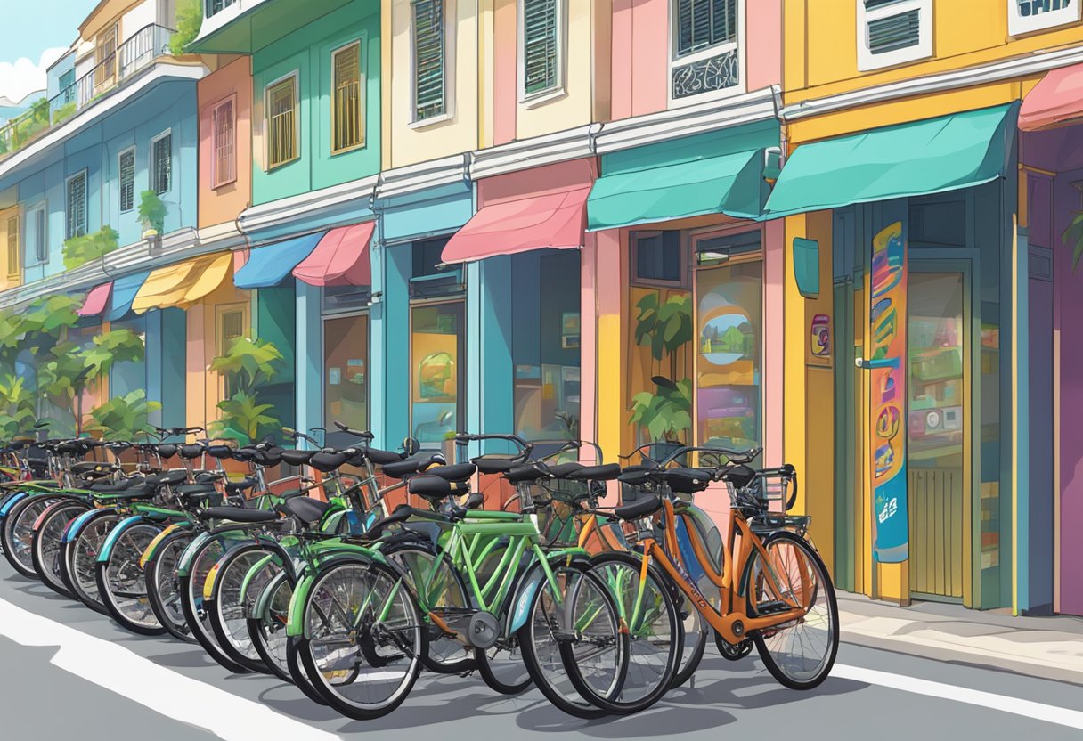 Bicycles lined up outside a bike rental shop in Singapore, with colorful signs and a bustling city street in the background