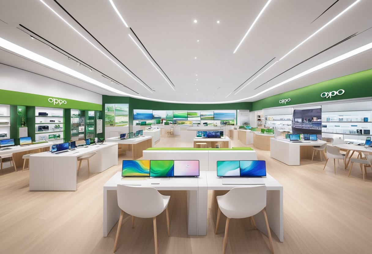 The Oppo store in Singapore bustles with customers exploring the latest smartphones and accessories. The sleek, modern interior features bright displays and interactive demo stations