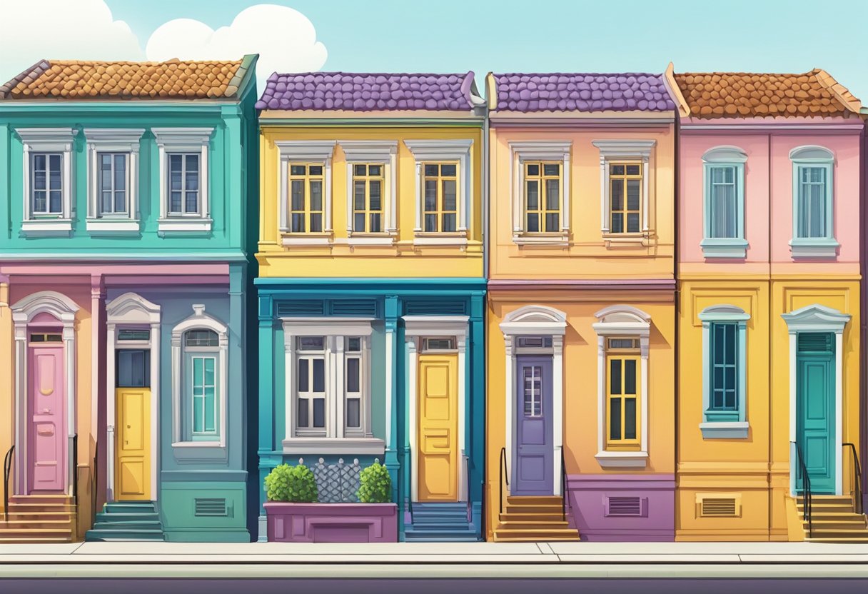 A row of colorful Singapore houses with "Frequently Asked Questions" signs on each door
