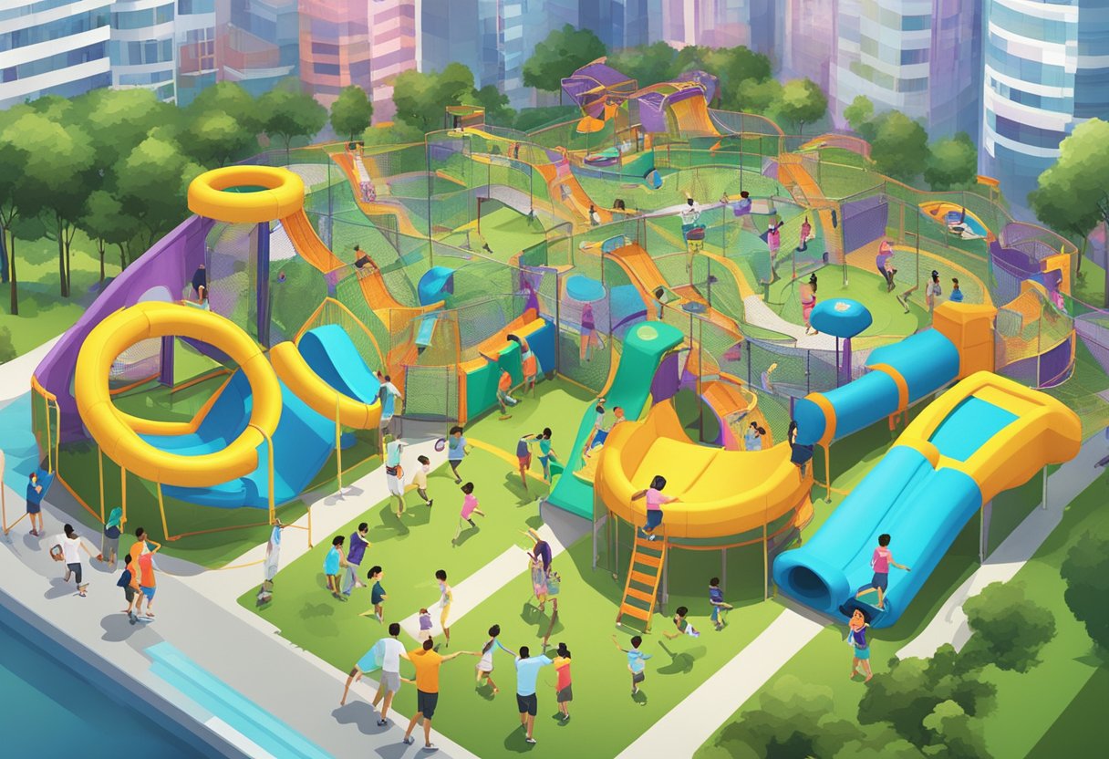 Families explore SuperPark Singapore, trying out various activities like trampolines and obstacle courses. The vibrant, energetic atmosphere is filled with laughter and excitement