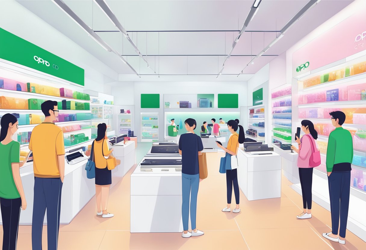 People browsing through sleek Oppo stores in Singapore, admiring the latest technology and vibrant displays