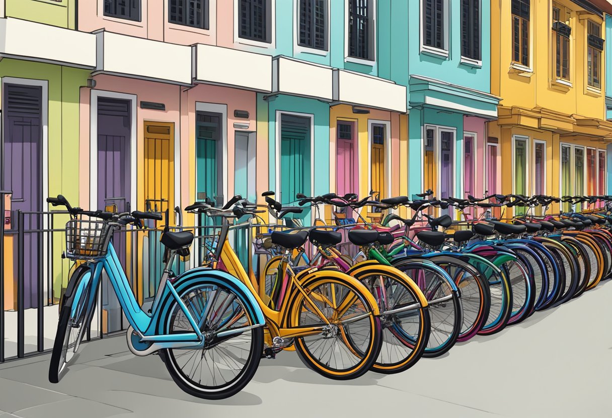 A row of colorful bicycles lined up outside a bike rental shop in Singapore, with a sign displaying rental options and prices