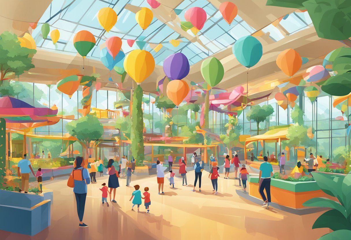 A bustling indoor park with colorful attractions and signage, filled with excited visitors of all ages enjoying various activities