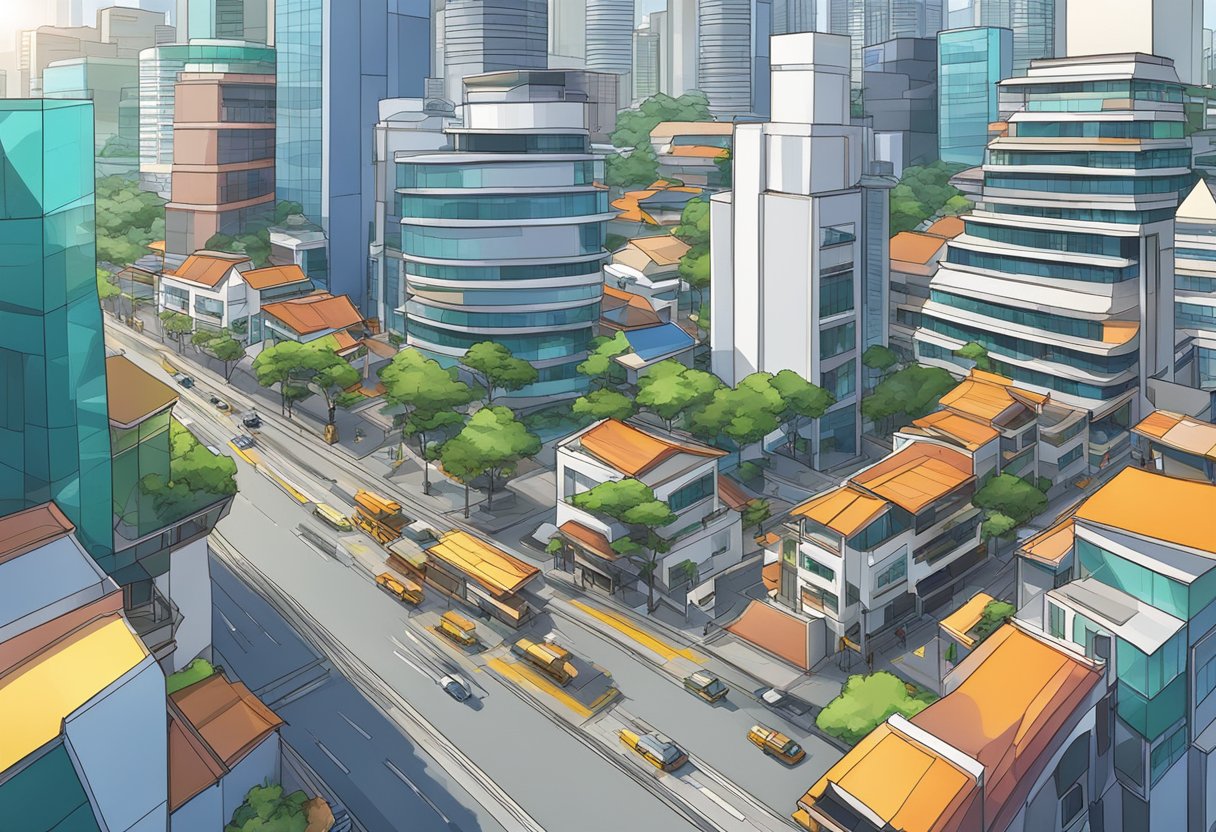 A bustling cityscape of modern buildings and vibrant street life in Singapore
