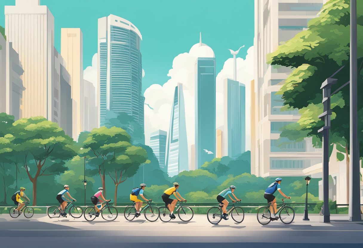 Cyclists traverse scenic paths, passing through lush parks and urban streets, with a backdrop of iconic landmarks in Singapore