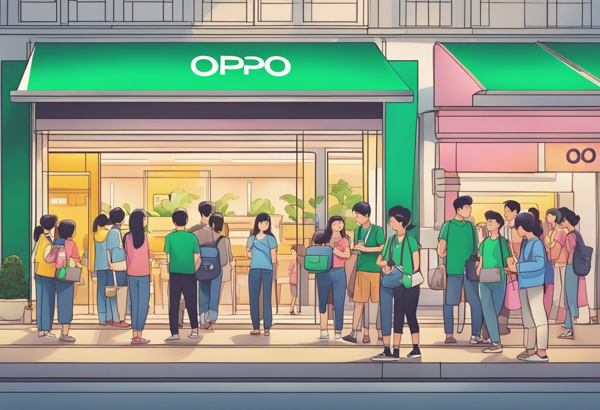 A colorful sign outside an Oppo store in Singapore, with a line of customers waiting to enter