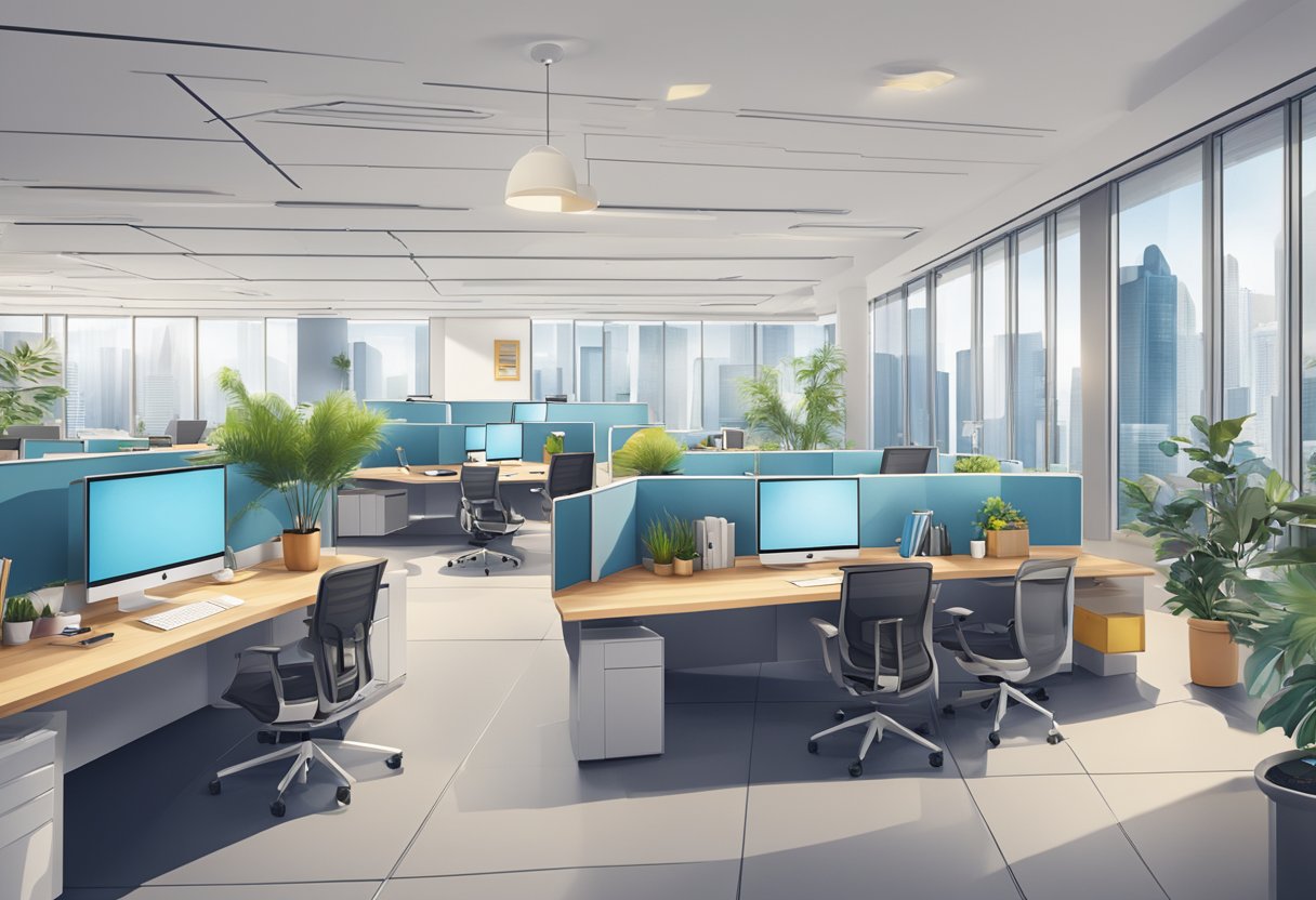A bustling office with modern decor and PersolKelly Singapore branding displayed prominently