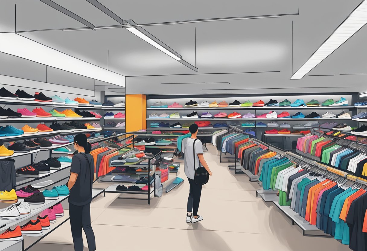 The Nike outlet in Singapore is bustling with shoppers browsing through racks of athletic wear and trying on sneakers in various sizes and colors