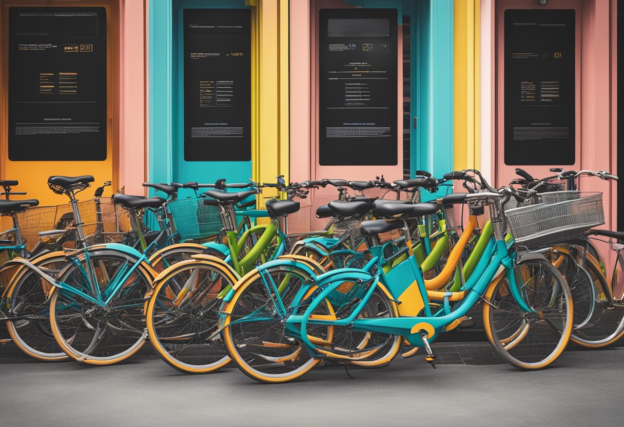 A row of colorful bicycles lined up outside a rental shop in Singapore, with a sign reading "Frequently Asked Questions" prominently displayed