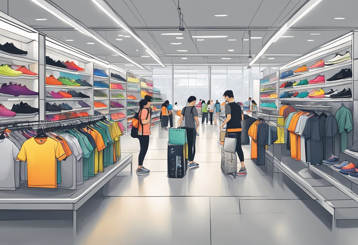Shoppers browsing racks of discounted Nike merchandise in a spacious and well-lit outlet store in Singapore