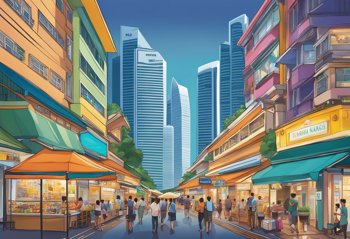 The bustling streets of Singapore are adorned with colorful shop fronts and vibrant signs, while the iconic Marina Bay Sands hotel looms in the distance