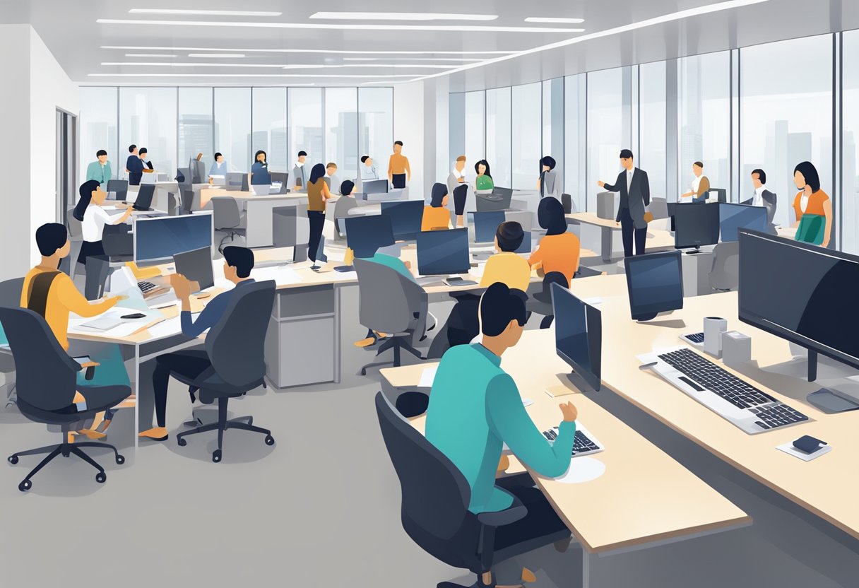 A bustling office with employees networking and collaborating at Persolkelly Singapore's Career and Employer Services department