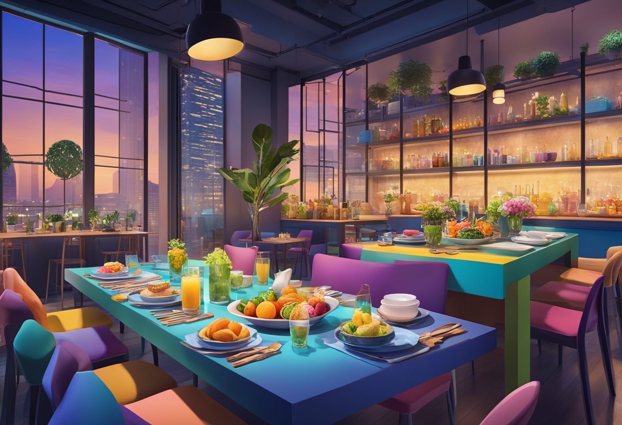 A table set with colorful dishes and drinks, surrounded by vibrant decor and ambient lighting, creating a lively and inviting dining atmosphere at Genius Central in Singapore