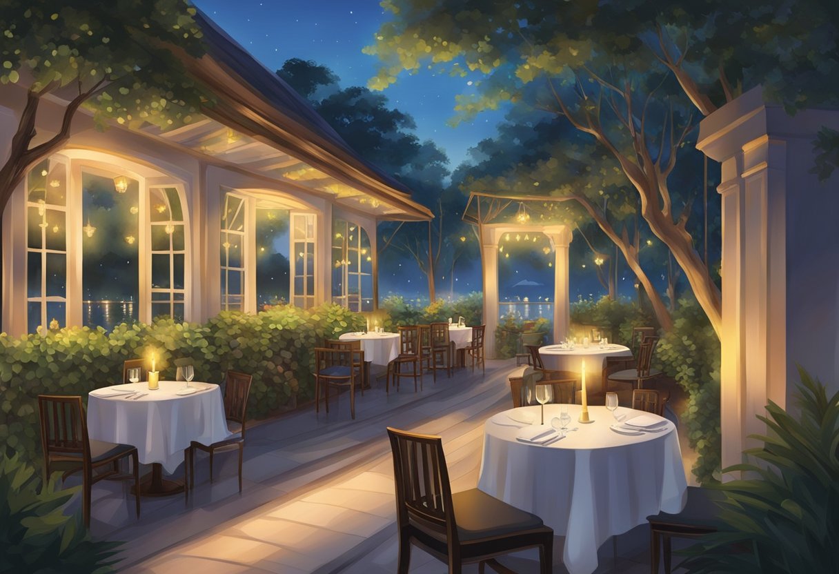 Candlelit tables overlook a serene garden, soft music fills the air, and the aroma of exquisite cuisine wafts through the room at a romantic restaurant in Singapore