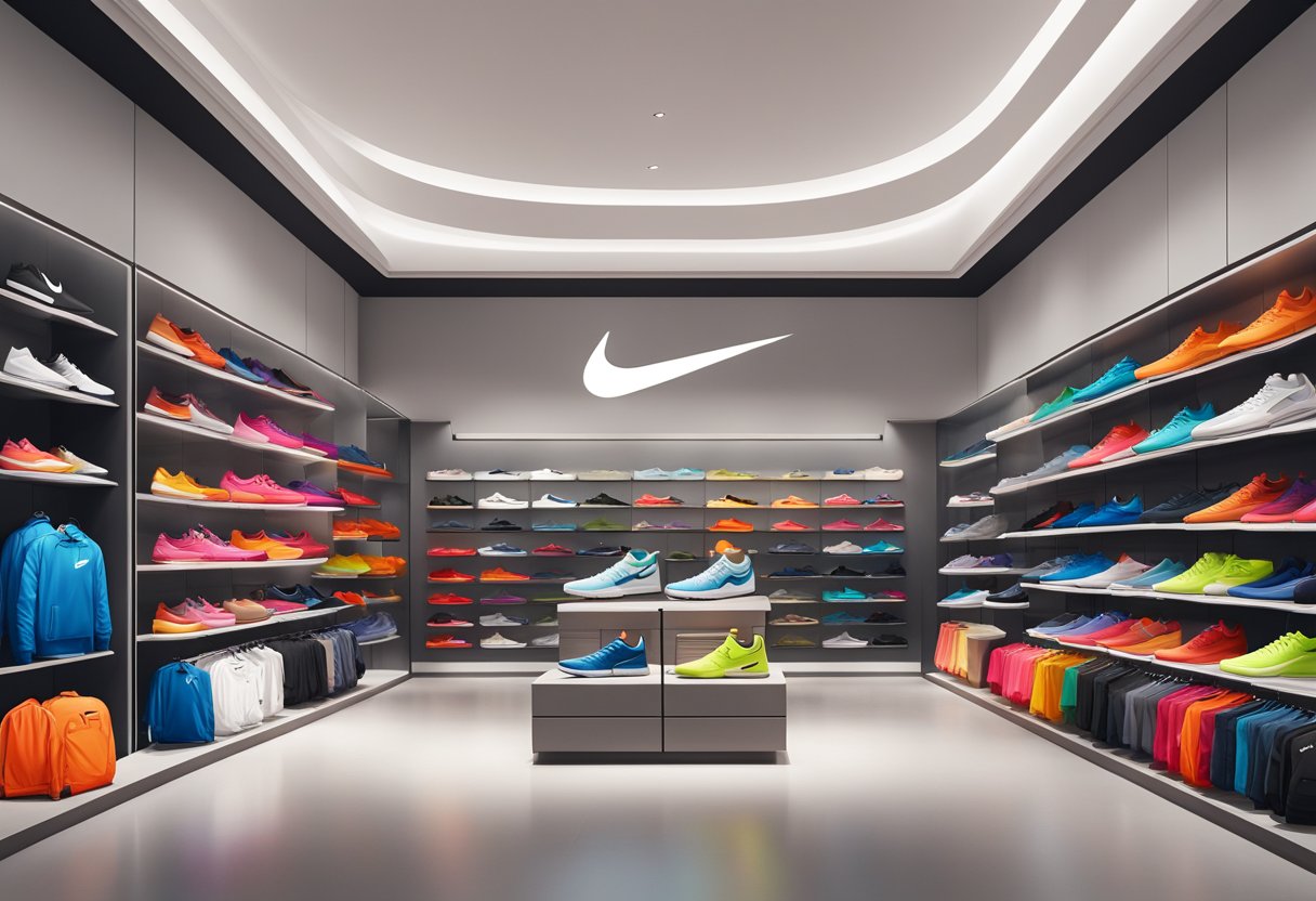 Nike's iconic swoosh logo displayed prominently in a sleek and modern retail space, surrounded by stylish sports and fashion products