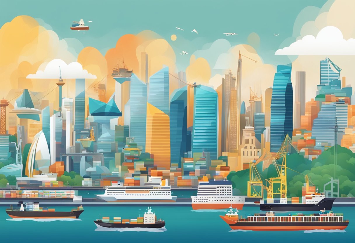 A bustling city skyline with iconic landmarks and a diverse population, surrounded by bustling ports and shipping activity, symbolizing the regional and global challenges faced by Singapore