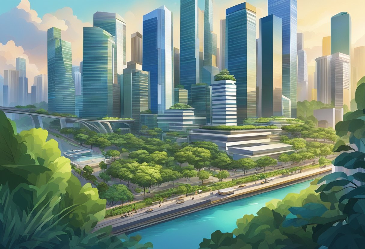 A bustling cityscape with modern skyscrapers, bustling streets, and vibrant greenery, showcasing the dynamic and innovative lifestyle and work culture of central Singapore