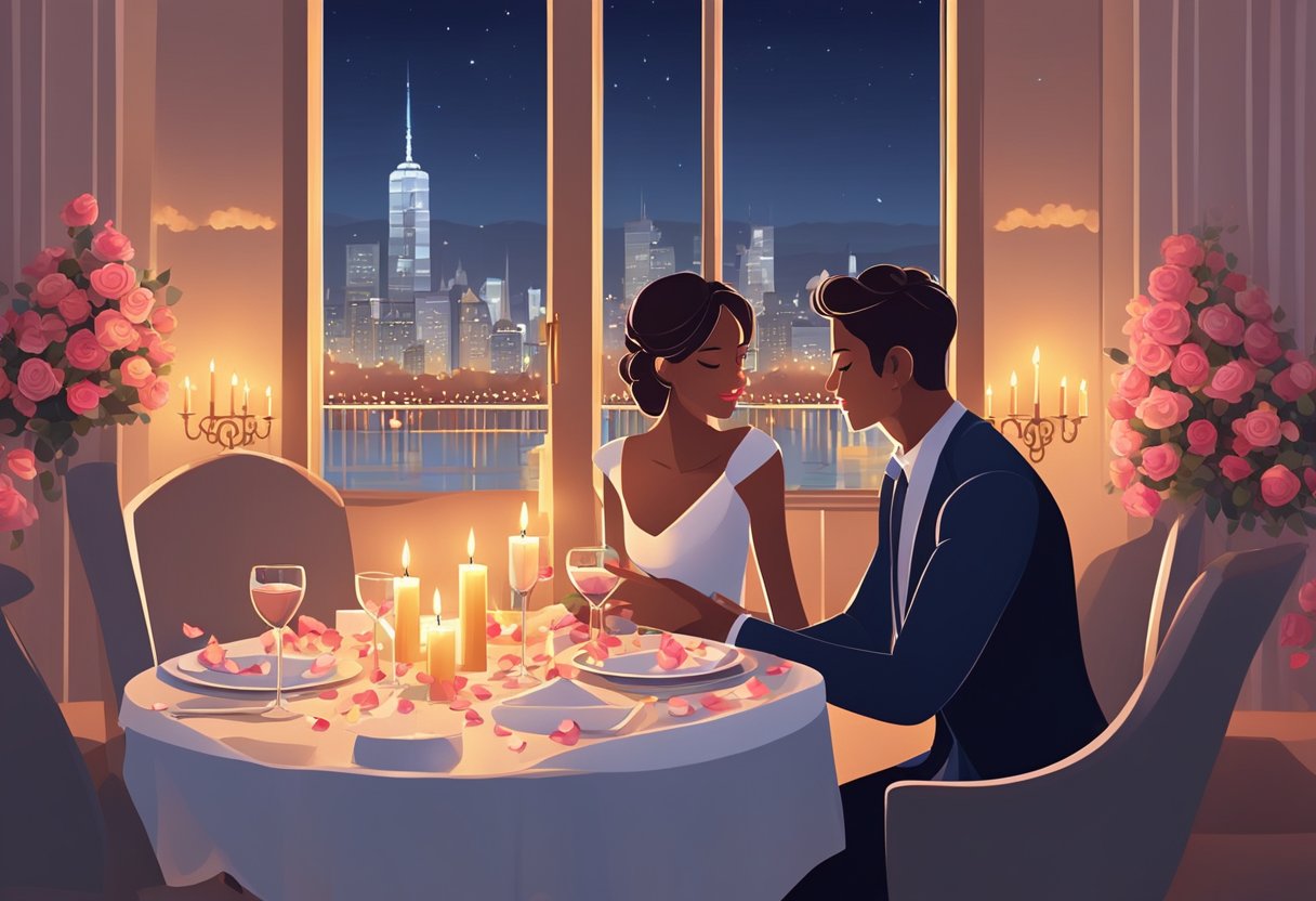 Candlelit table overlooks city skyline. Rose petals scattered. Soft music plays. Elegant table setting. A couple enjoys a romantic dinner