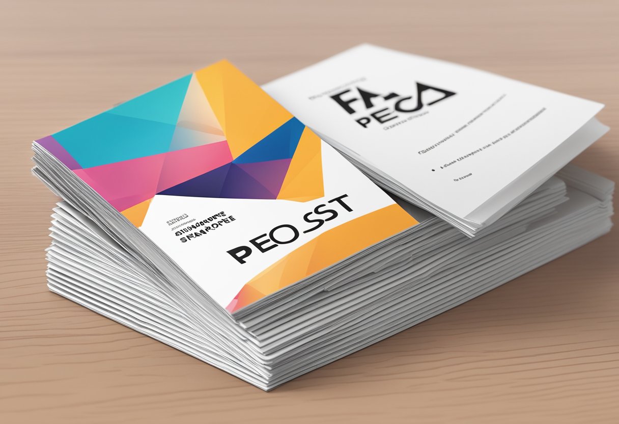 A stack of FAQ pamphlets on a table, with a prominent "Pelosi Singapore" title. Bright, modern office setting with clean lines and minimal decor