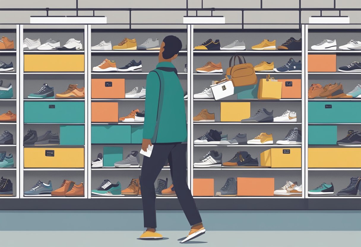 Customers browsing shelves of shoes, staff assisting, signage indicating FAQs