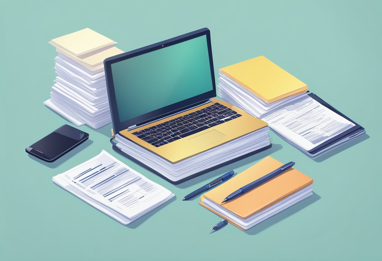 A table with a laptop, pen, and paper, surrounded by a stack of FAQ documents