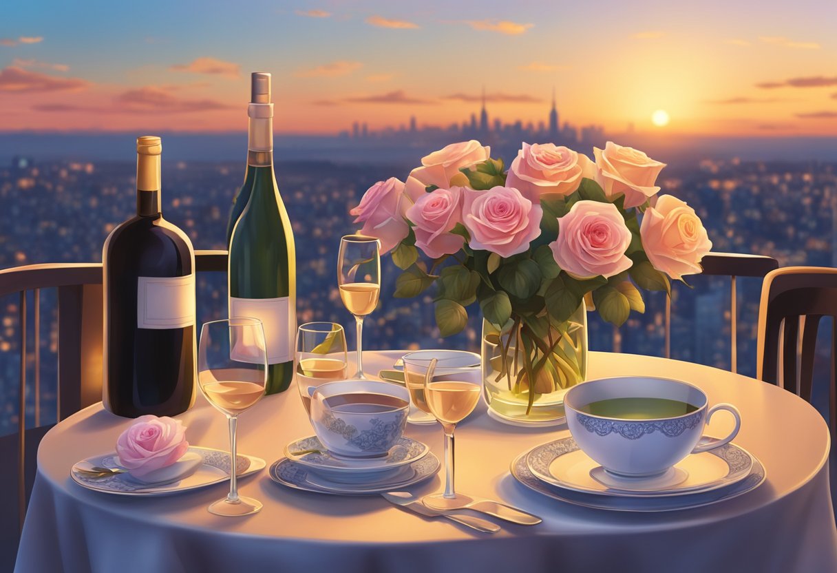 A candlelit table set with fine china, a bottle of wine, and a bouquet of roses, overlooking the city skyline at sunset