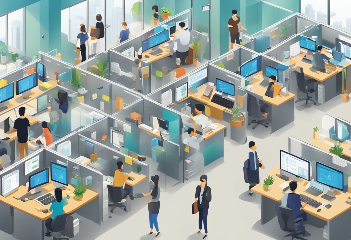 A bustling office with people seeking information, signs indicating "Frequently Asked Questions" and "Genius Central Singapore." Computer screens and busy staff members