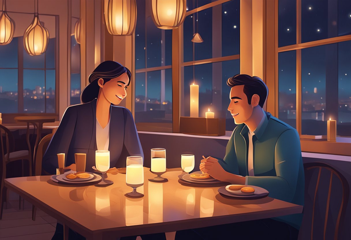 A couple sits at a candlelit table in a cozy, dimly lit restaurant. Soft music plays in the background as they enjoy a romantic dinner together