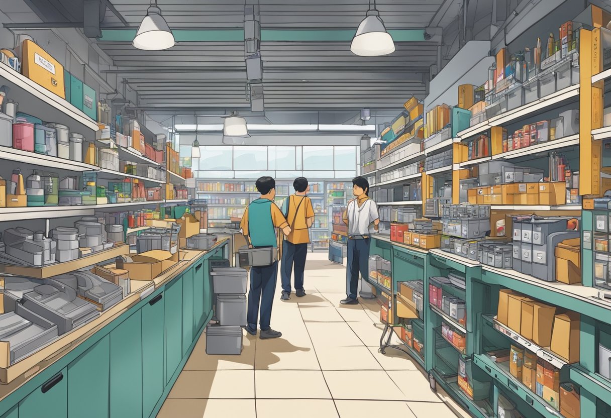 A bustling hardware store in Singapore, with shelves stocked with tools and supplies, customers browsing the aisles, and staff assisting at the counter