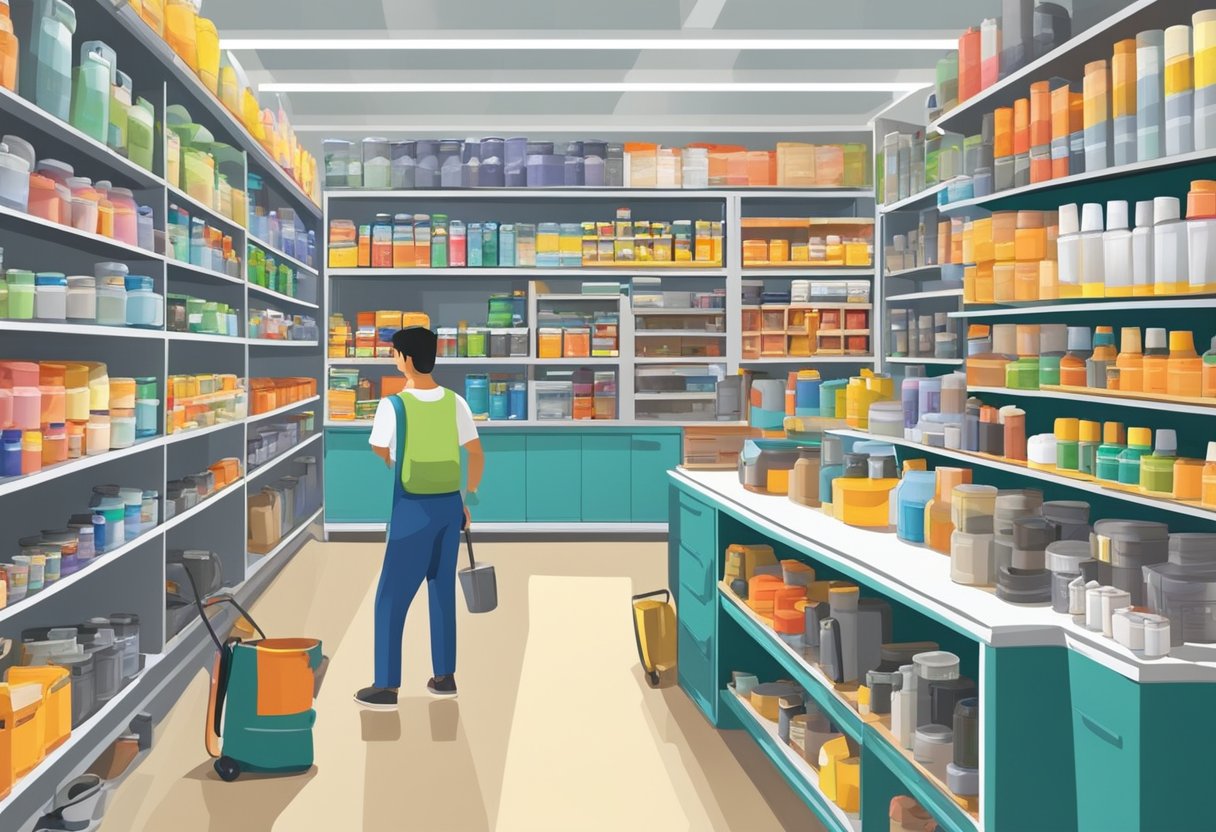 Customers browsing tools, paint, and equipment in a well-lit Singapore hardware store. Shelves are neatly organized with a variety of products