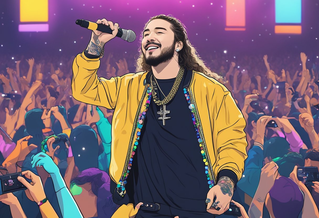 Post Malone performs on stage in Singapore, surrounded by a sea of cheering fans and colorful stage lights