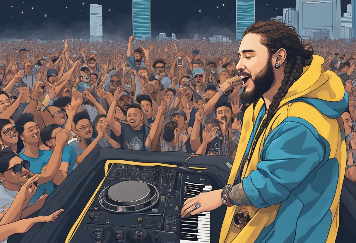 Post Malone performing on stage in front of a lively crowd in Singapore