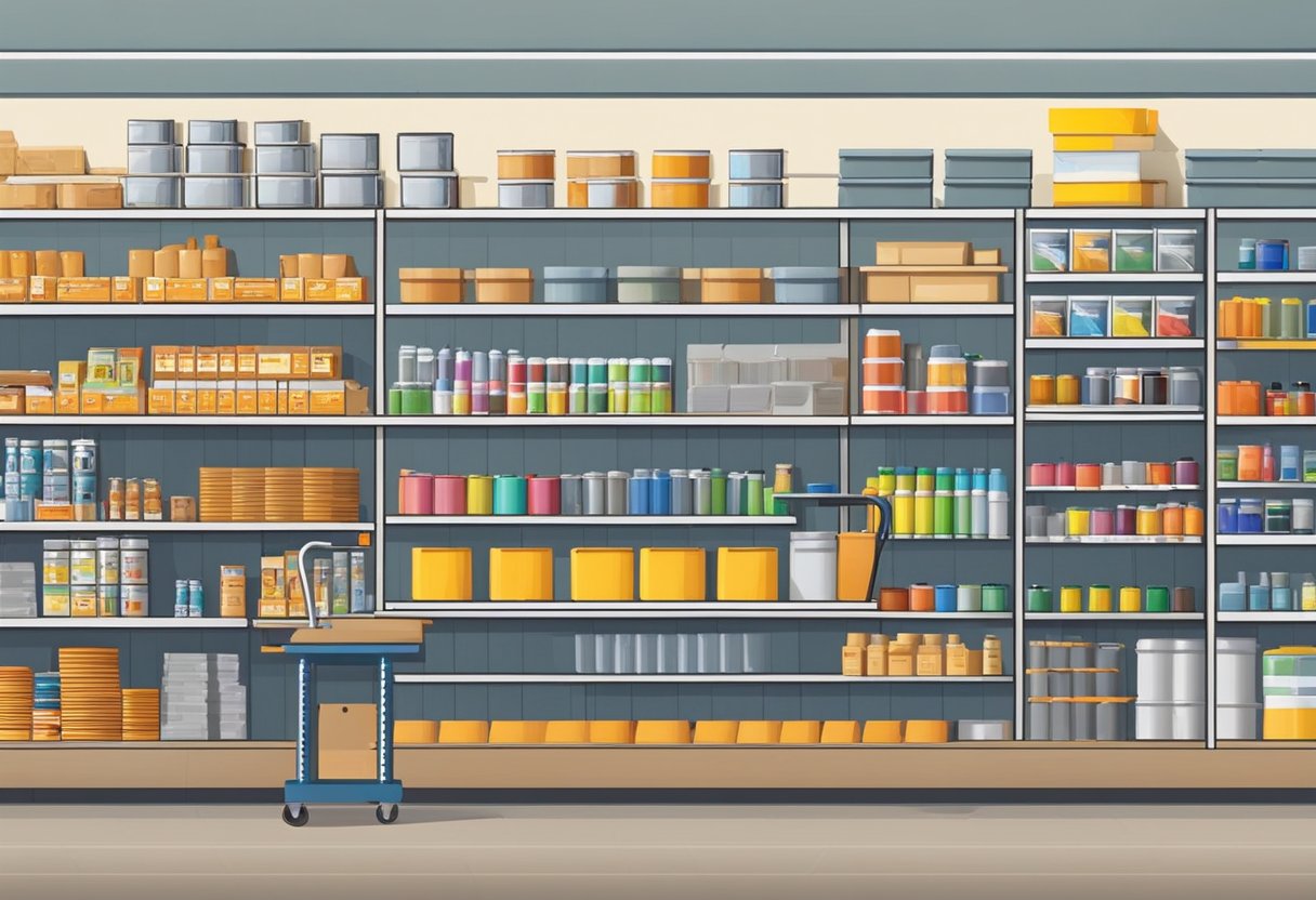 The hardware store shelves are stocked with tools, paint, and building materials. A customer service desk is staffed with knowledgeable employees