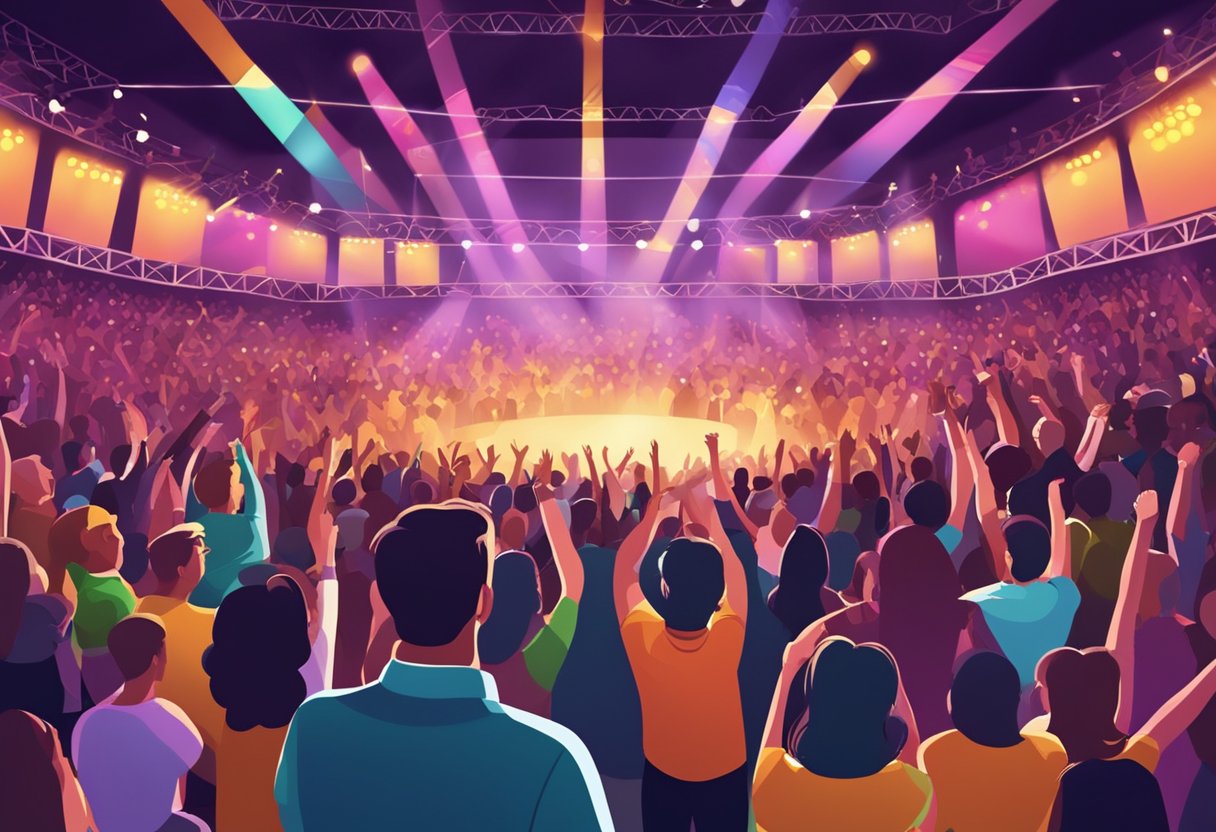 A crowded concert venue with colorful stage lights and a large audience cheering and dancing to live music