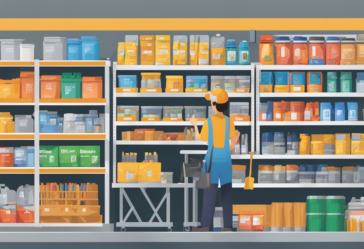 Shelves stocked with tools and supplies, customers browsing aisles, signage for "Frequently Asked Questions" section in hardware store Singapore