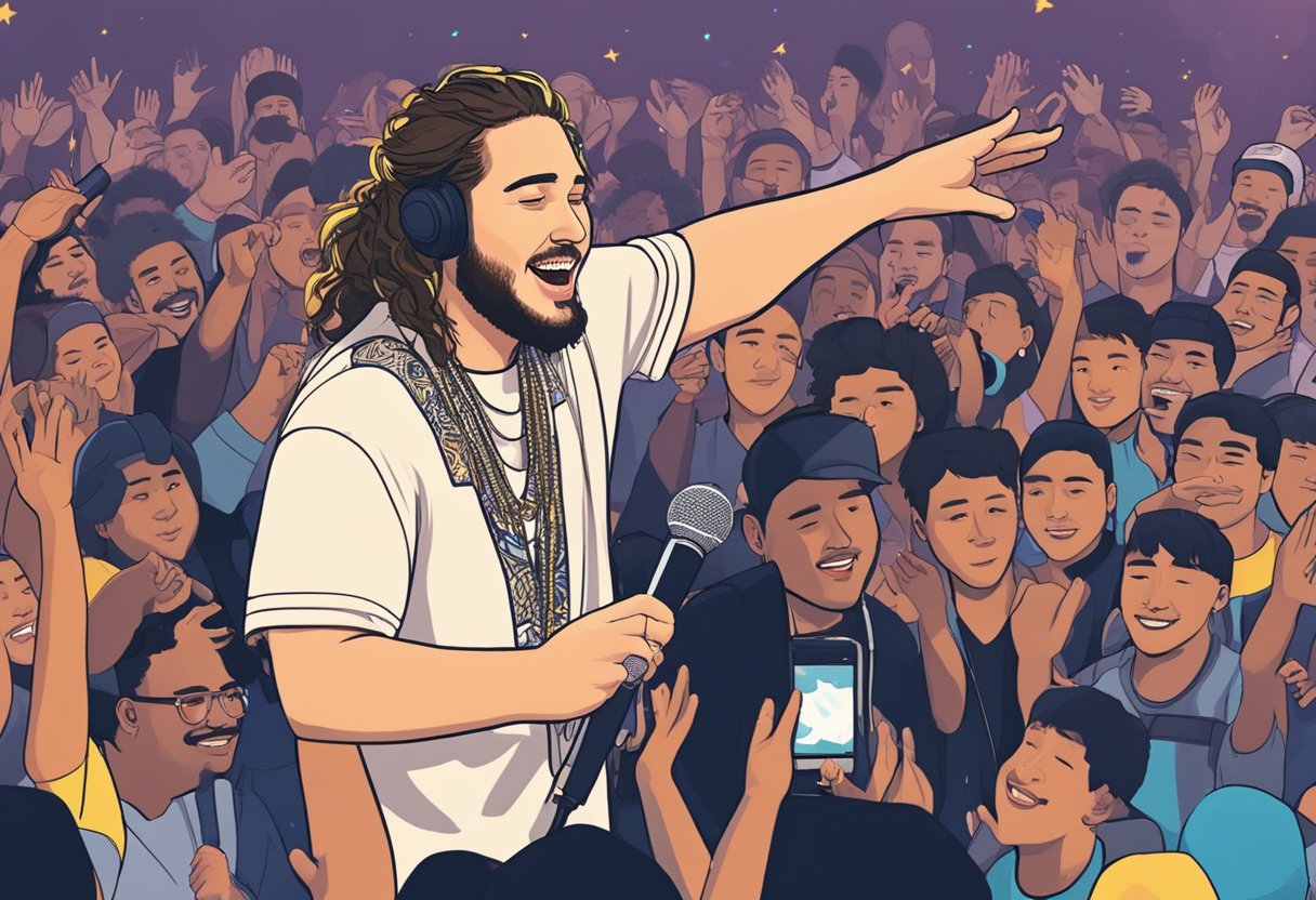 Post Malone performing on stage in Singapore, surrounded by a crowd of fans with raised hands, while answering frequently asked questions during a live Q&A session