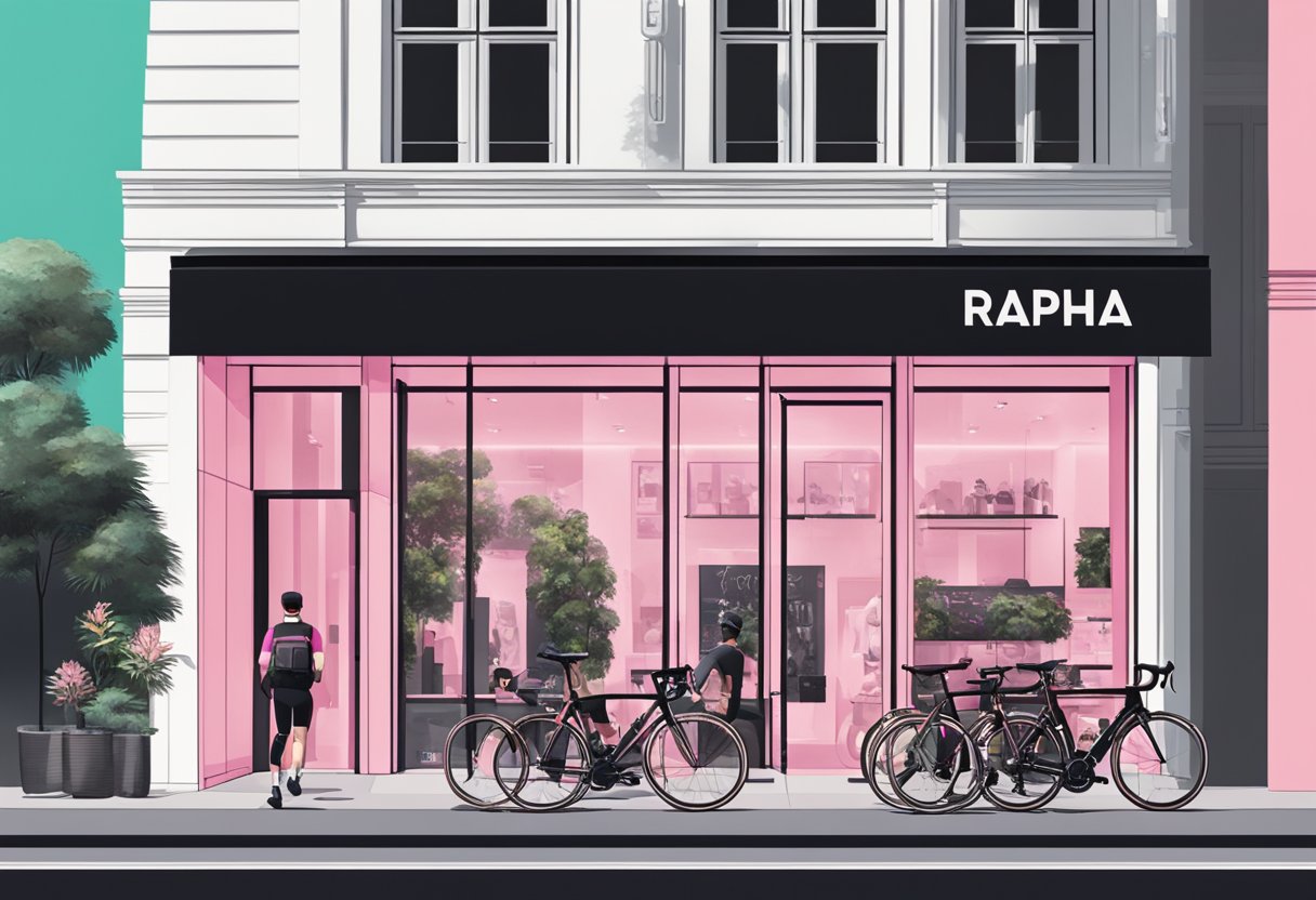 Vibrant cityscape of Rapha Singapore store front with cyclists passing by and iconic Rapha branding on display