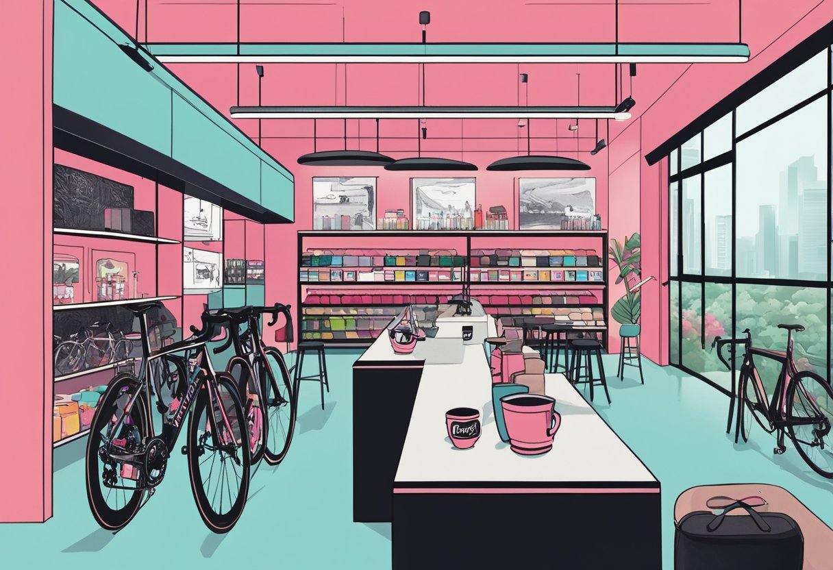 The Rapha Clubhouse in Singapore is bustling with cyclists enjoying coffee and browsing cycling gear. The sleek, modern interior is adorned with Rapha branding and cycling memorabilia, creating a vibrant and dynamic atmosphere