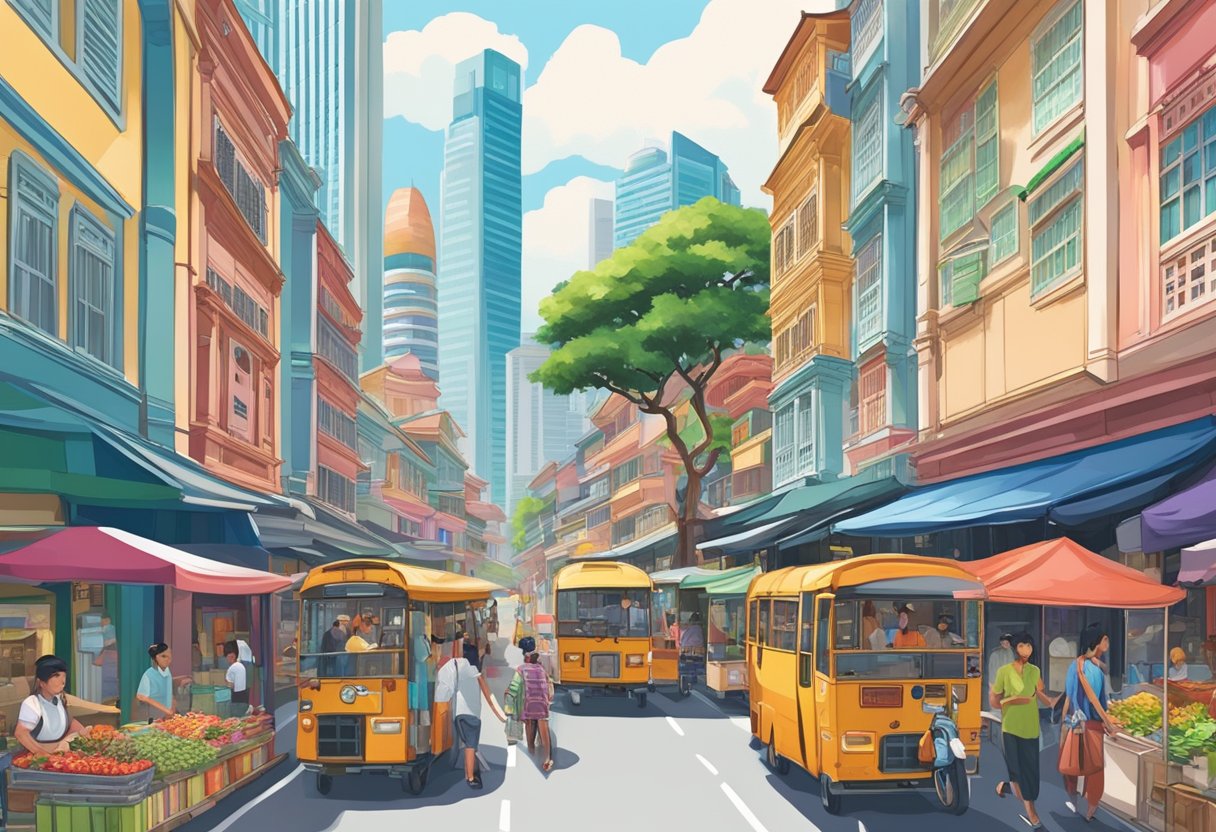 A bustling street in Singapore, with towering skyscrapers, vibrant street markets, and colorful traditional shophouses lining the road