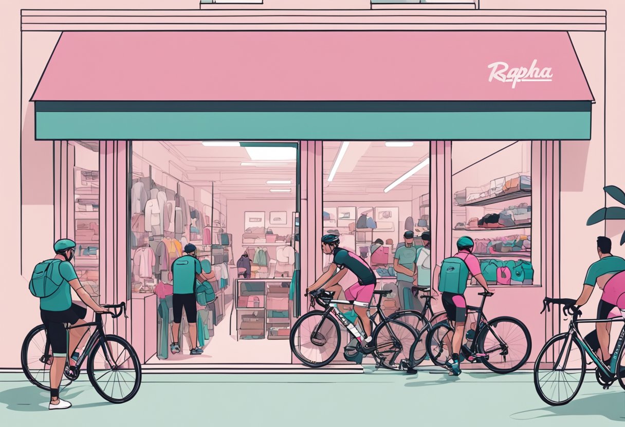 A bustling Rapha store in Singapore, with cyclists trying on gear and engaging in community events