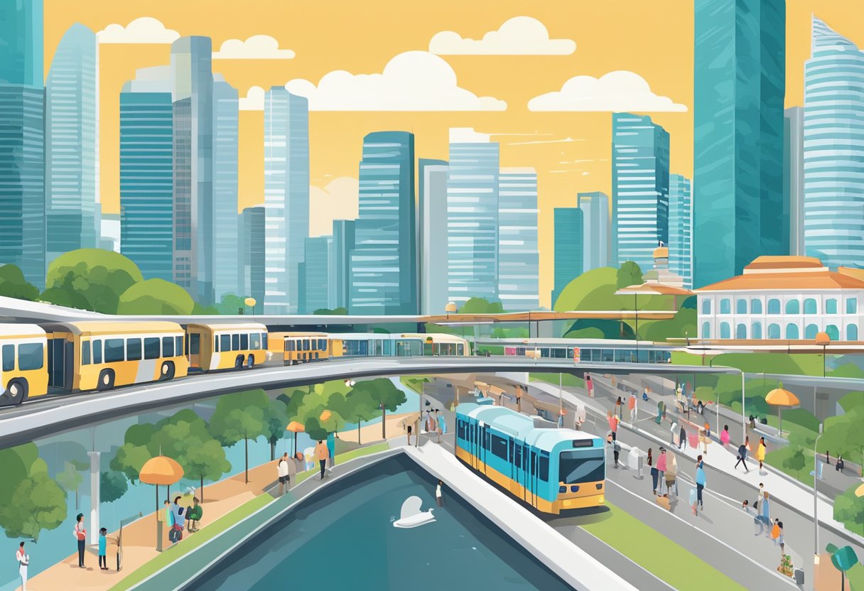 A bustling city with modern skyscrapers, diverse cultural landmarks, and a well-connected public transportation system symbolizing Singapore's policies and societal factors influencing Total Fertility Rate (TFR)