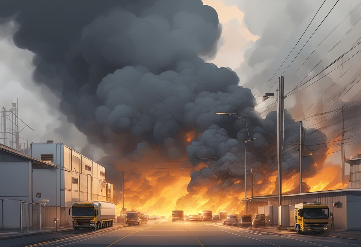 A raging fire engulfs the industrial area in Tuas, Singapore, with billowing smoke and intense flames