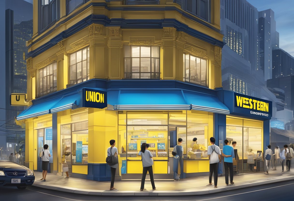 The Western Union Singapore storefront, with its iconic blue and yellow signage, stands out against the bustling city backdrop