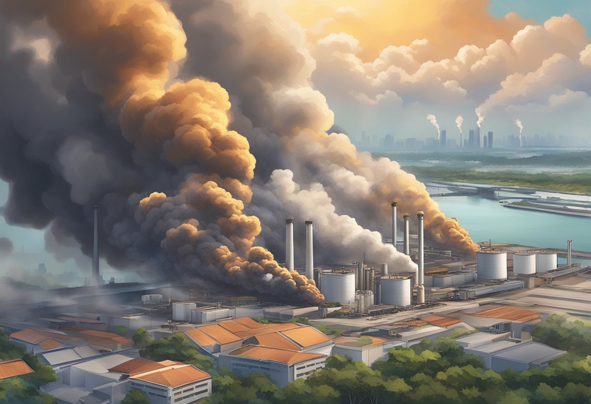 A blazing fire engulfs the industrial area of Tuas, Singapore, sending thick plumes of smoke into the sky