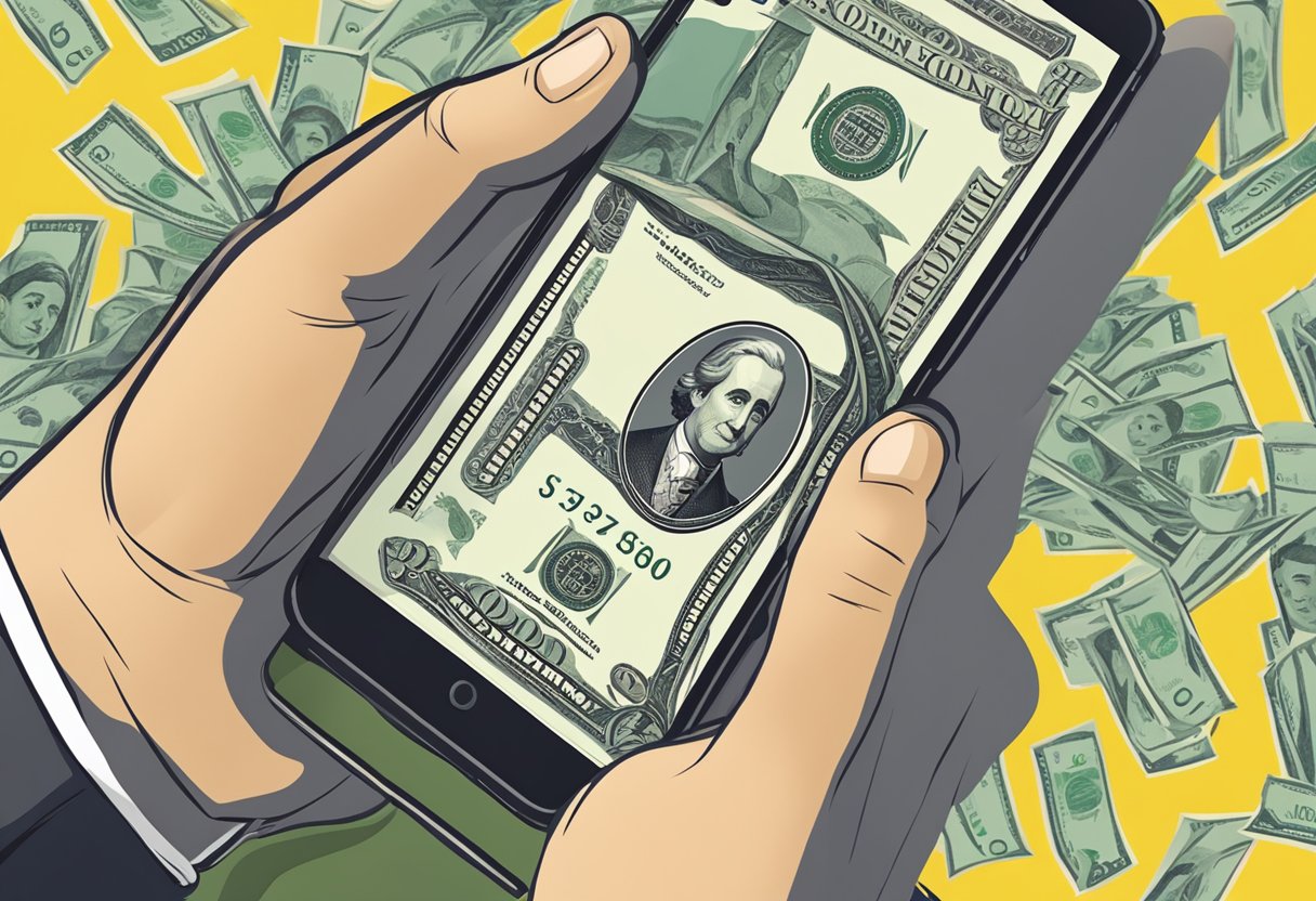 A hand holding cash and a smartphone, with a Western Union sign in the background
