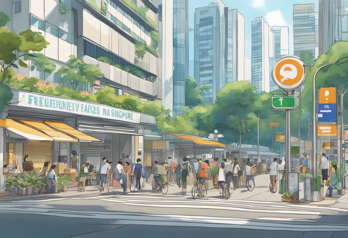 A bustling Singapore street with a prominent "Frequently Asked Questions" sign outside a TFR (Transfer) office. Pedestrians and vehicles pass by