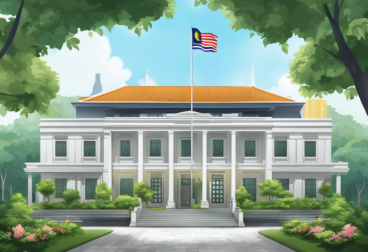 The Malaysia Embassy in Singapore stands tall with its iconic architecture, surrounded by lush greenery and a flag waving proudly in the breeze