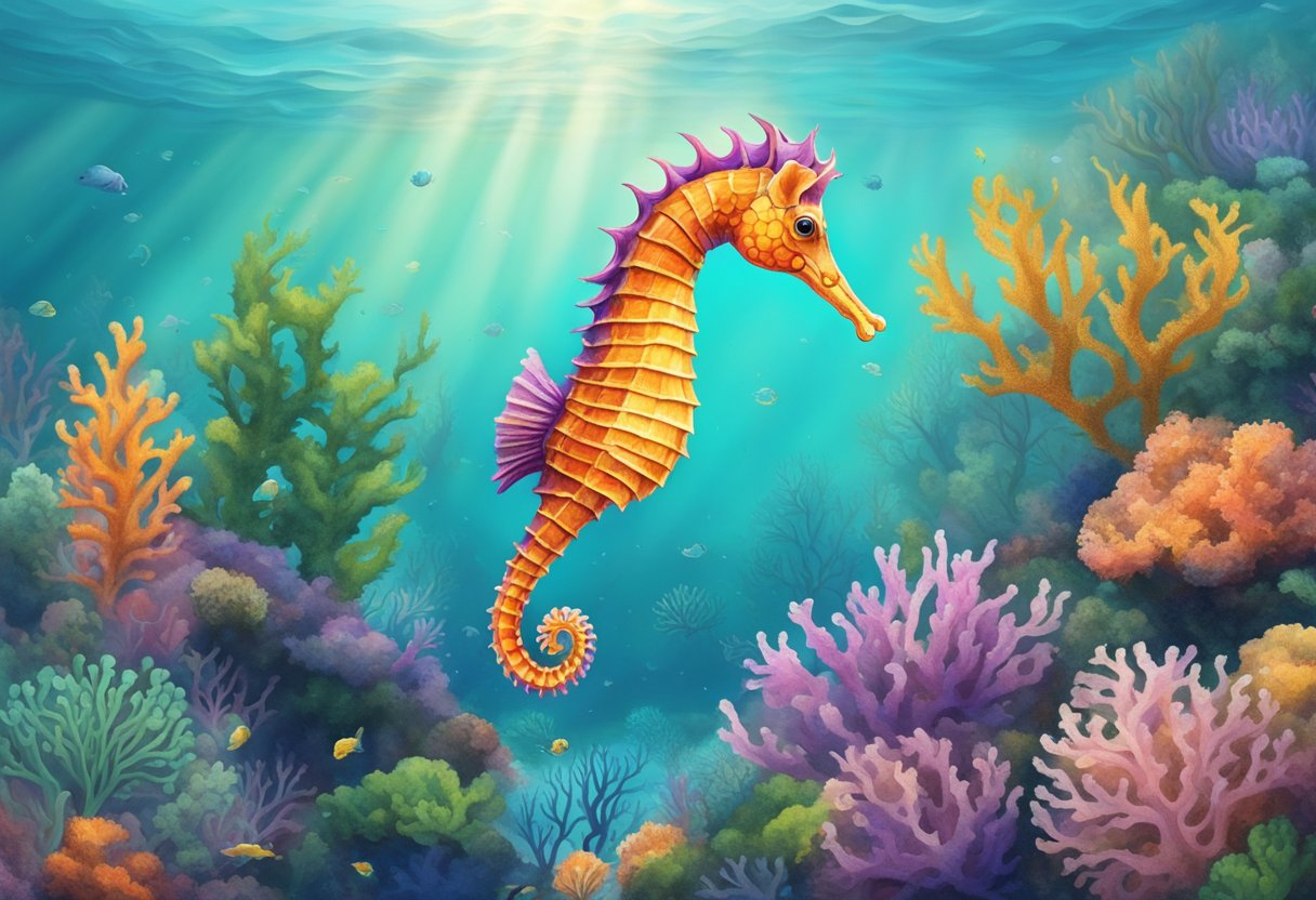 A seahorse gracefully glides through the clear waters of Singapore, surrounded by colorful coral and vibrant sea life