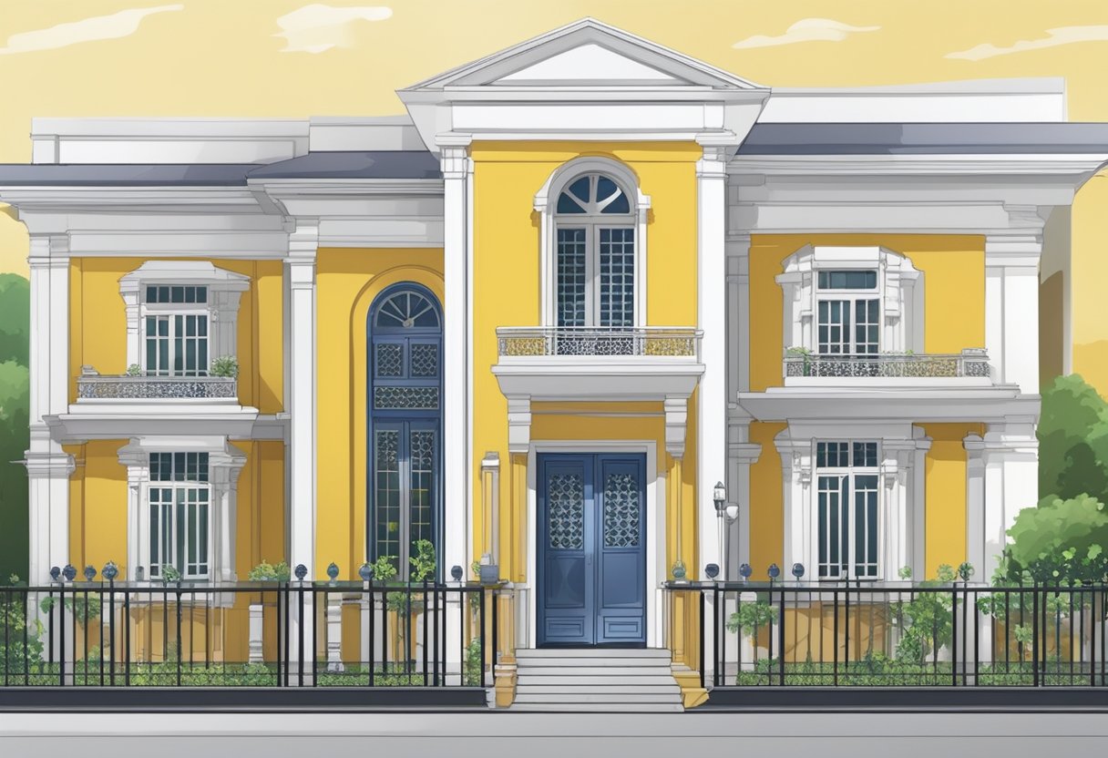 The Malaysia Embassy in Singapore provides consular services. The building features the national flag and signage. The entrance is adorned with decorative elements